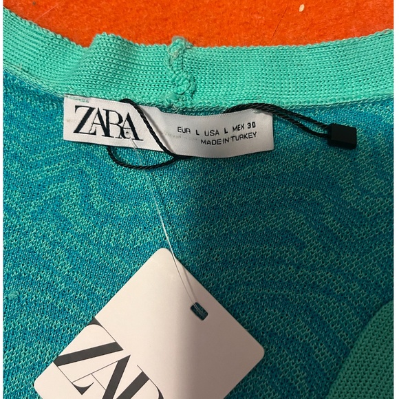 Zara blue turquoise jacquard V-neck knit cardigan NWT - Picture 4 of 7